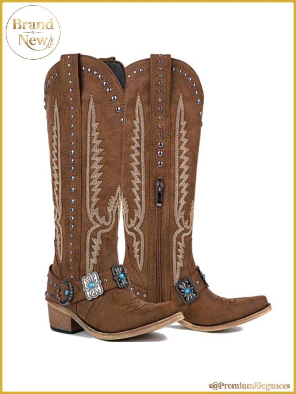 Knee High Cowgirl Boots Embroidered Chunky Block Heel with Belt Chains